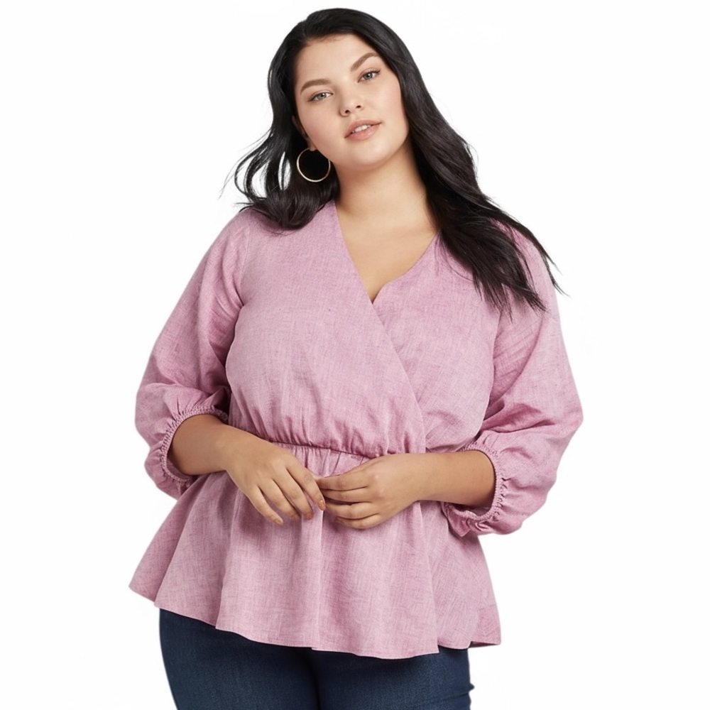 Lane Bryant Linen‎ Blend Crossover Peplum Top Pink 22 W